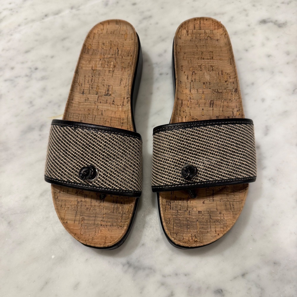 Donald J Pliner Farrah2DD Black Tan Woven Cork Platform Slide Sandals Womens 10M